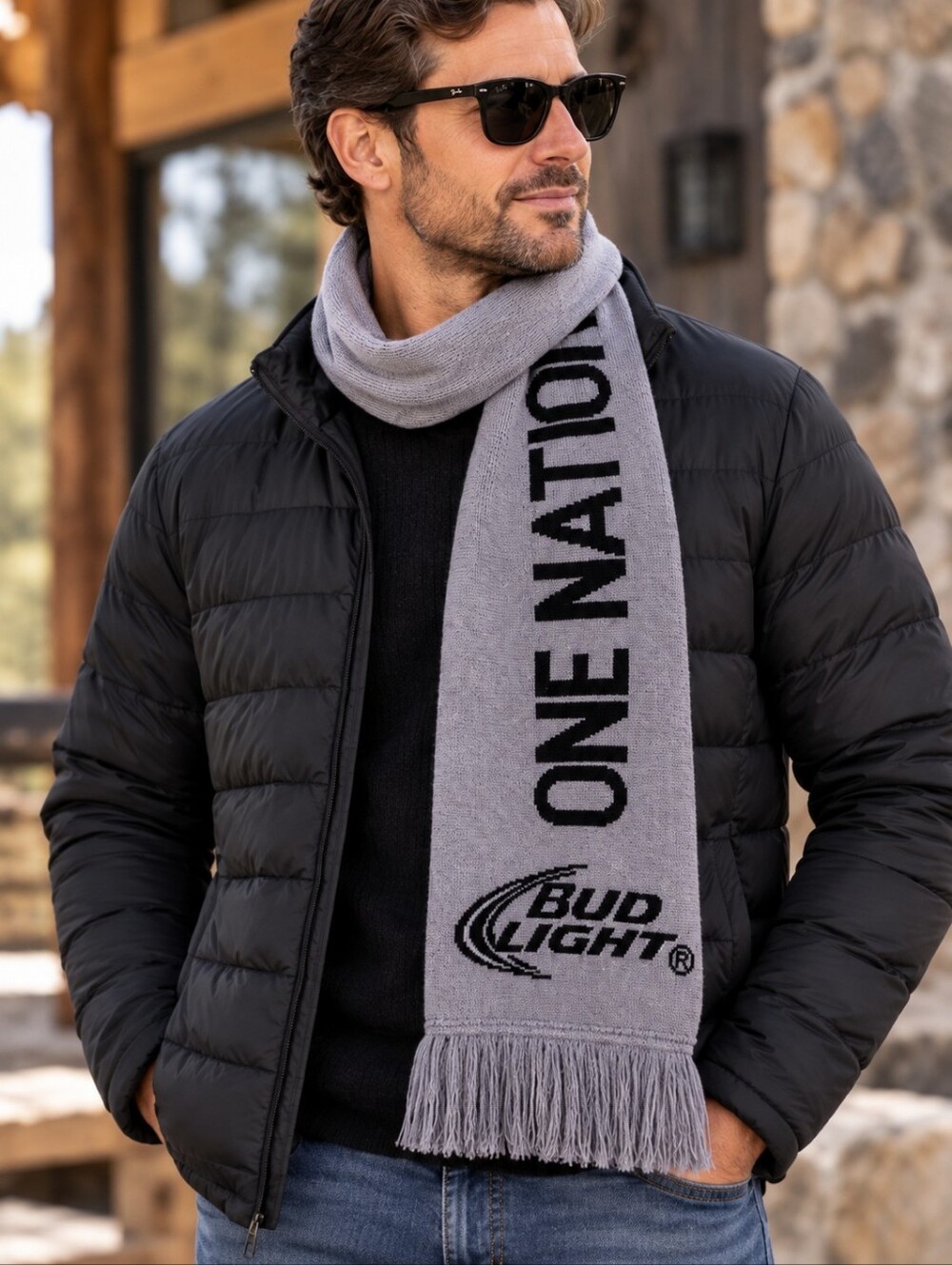 Bud Light One Nation Grey Knit Scarf Fringed Beer Logo Winter Accessory Mens